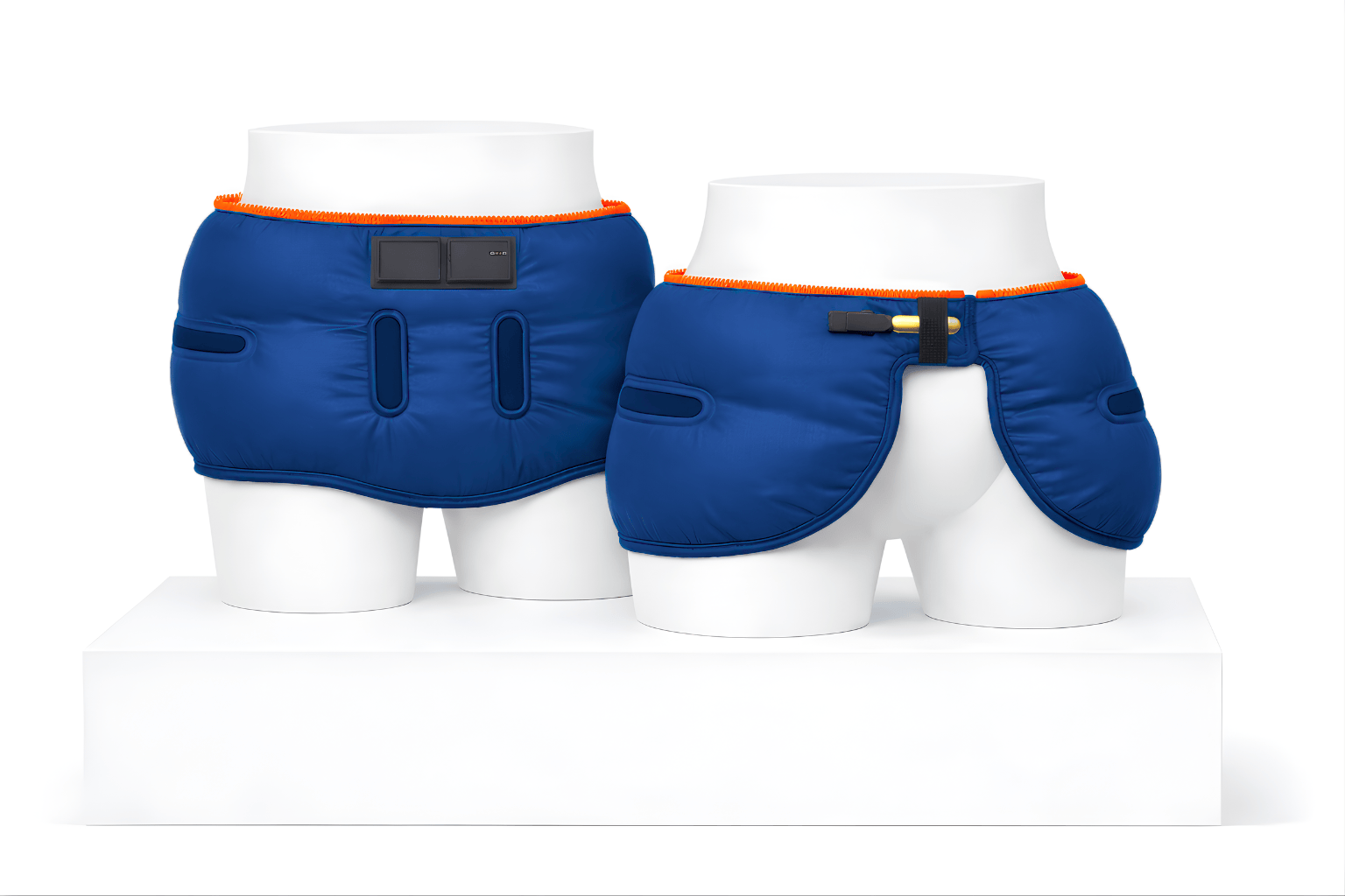 Air-Sequr hip airbag garment fully inflated, shown from front and rear on display stands