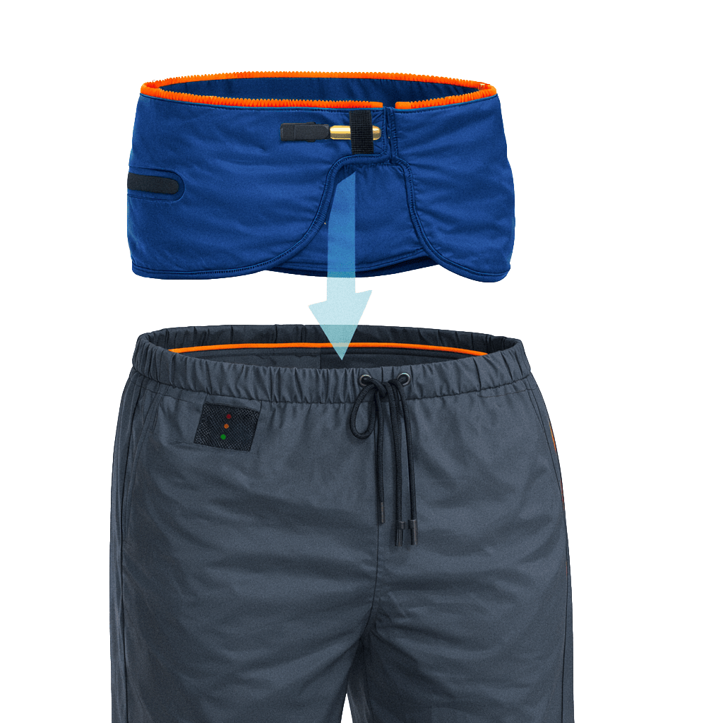 Air-Sequr device being inserted into a regular pair of pants, demonstrating invisible fit