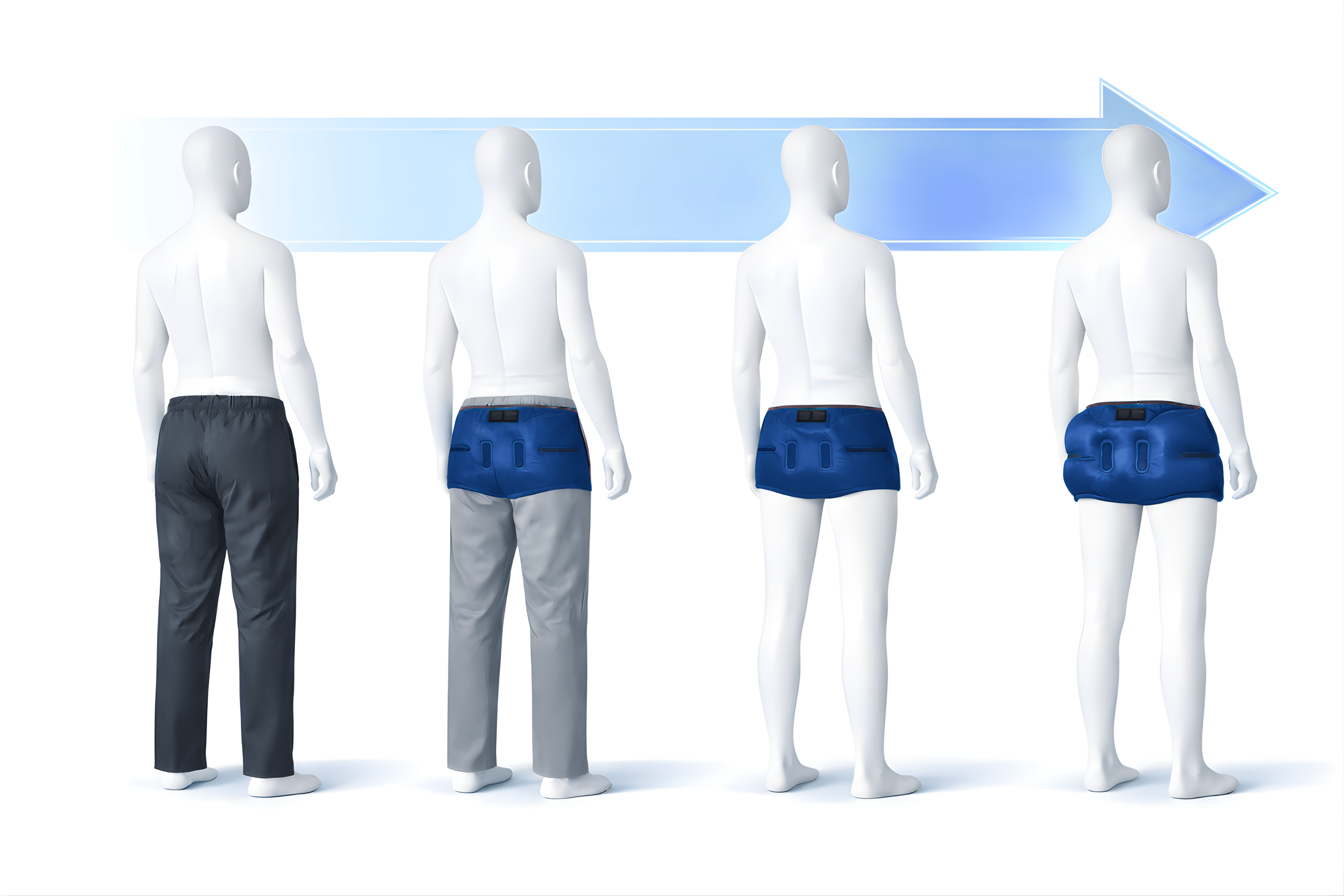 Four-stage sequence showing Air-Sequr concealed under pants, then progressively deploying its airbags upon a fall