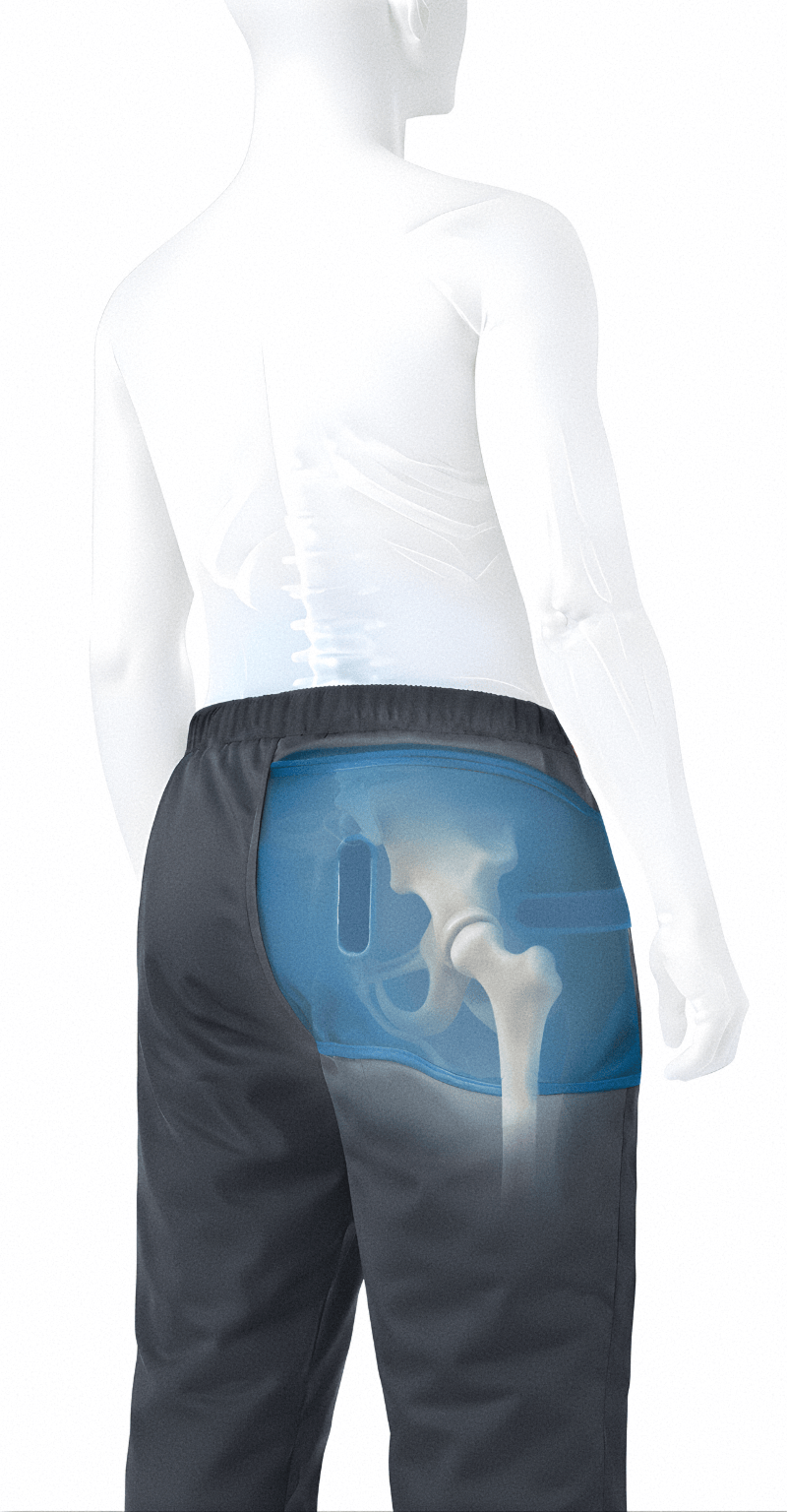 Transparent cutaway view showing the Air-Sequr device inside regular pants, protecting the hip joint